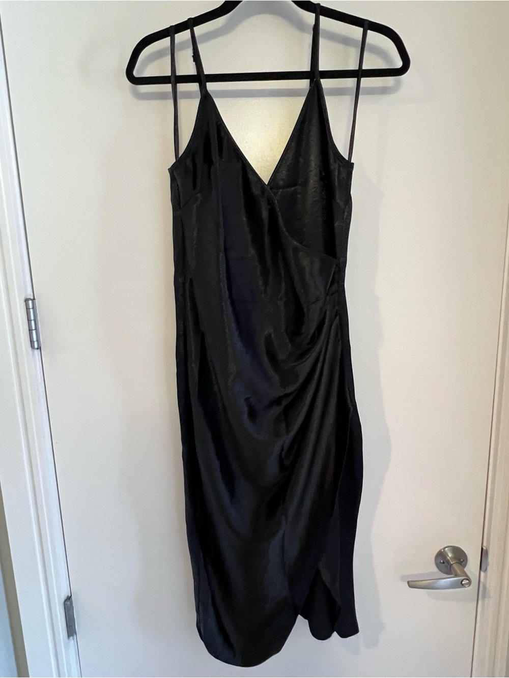 BCBGeneration Black Satin Midi Slip Dress with Draped Front